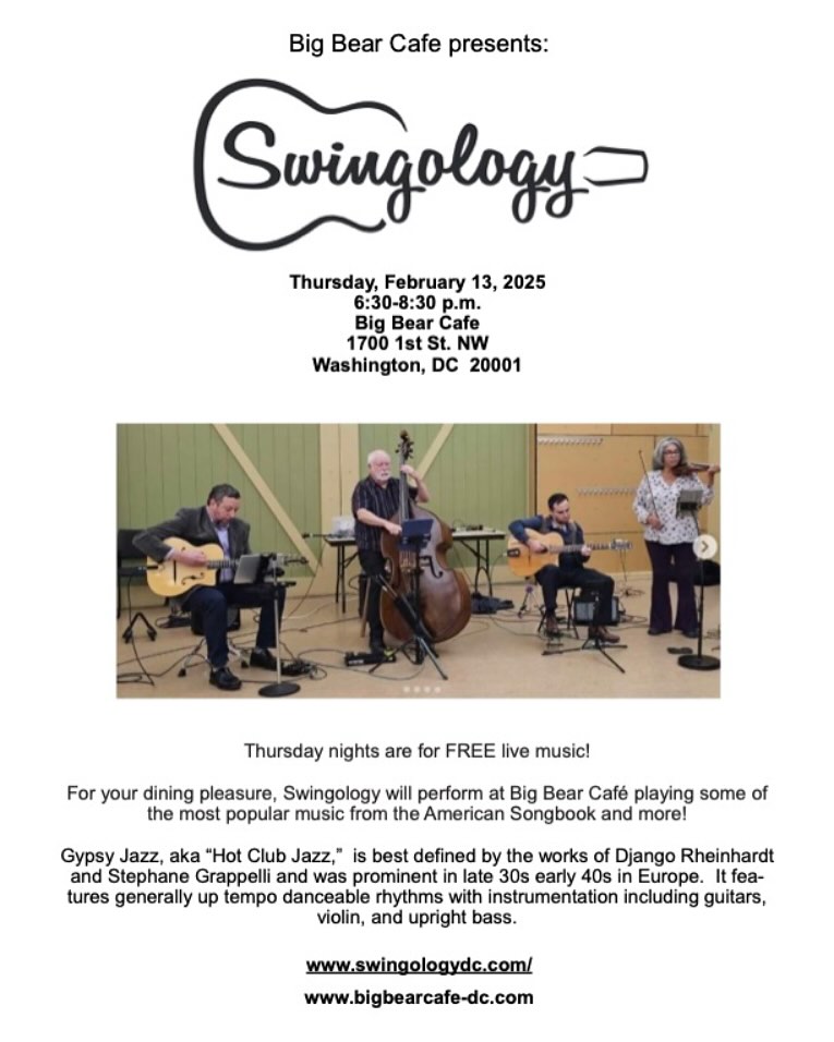 Join us at Big Bear Cafe in Washington for a pre-Valentine’s Day night of great food and acoustic jazz!
#swingologydc