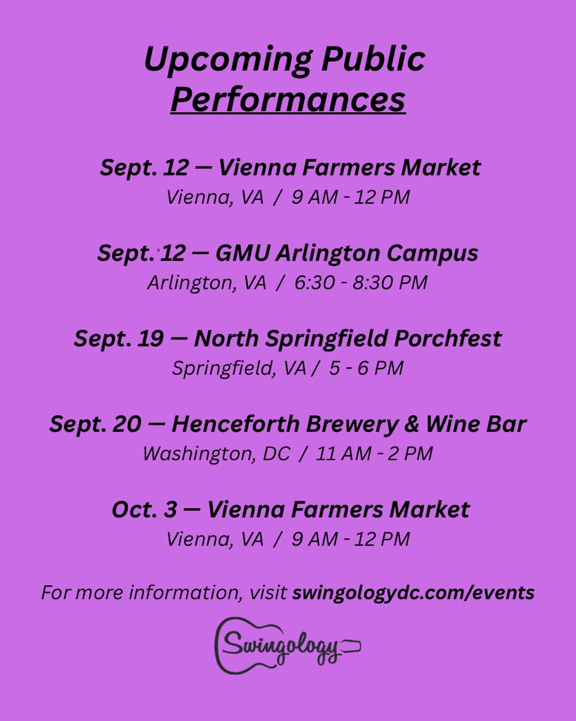 Please note the revised time for our set at the North Springfield Porchfest.  It will be a full afternoon of great musicians starting at 2 PM.  Swingology’s set will begin at 5 PM.